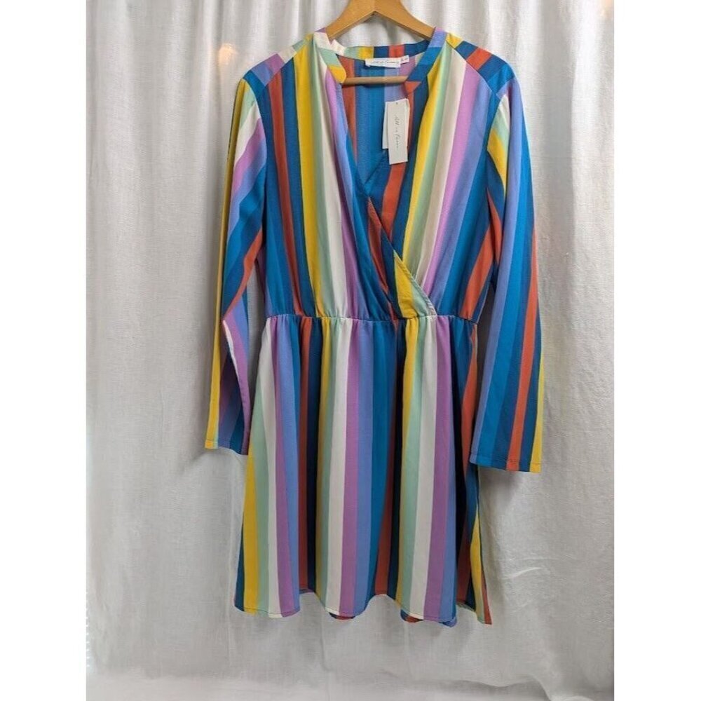 All in Favor women's size XL colorful striped mini dress, long sleeve, v neck C7
